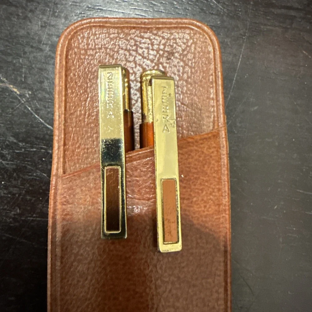 Vintage Zebra Japan Faux Wood Ballpoint Pen Mechanical Pencil Set Leather Case